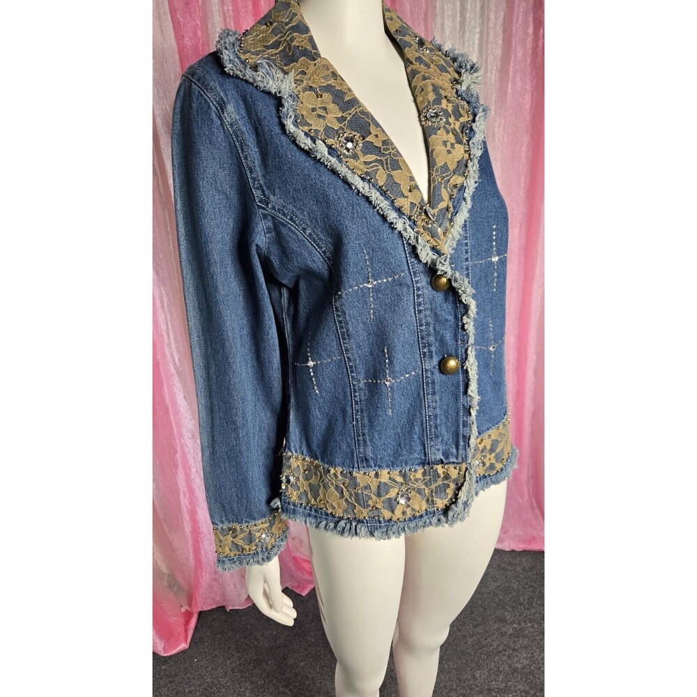 Step In Style Y2K Unique Denim Lace Studded  Rhinestone Jean Jacket Size Large - Picture 5 of 16
